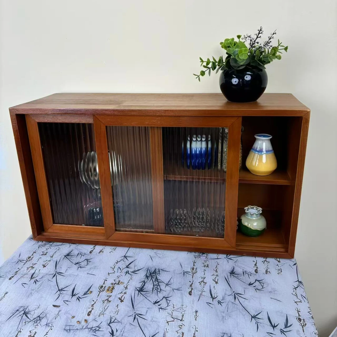 实木复古做旧风格桌面收纳木质置物架新中式厨房调味罐碗玻璃推门