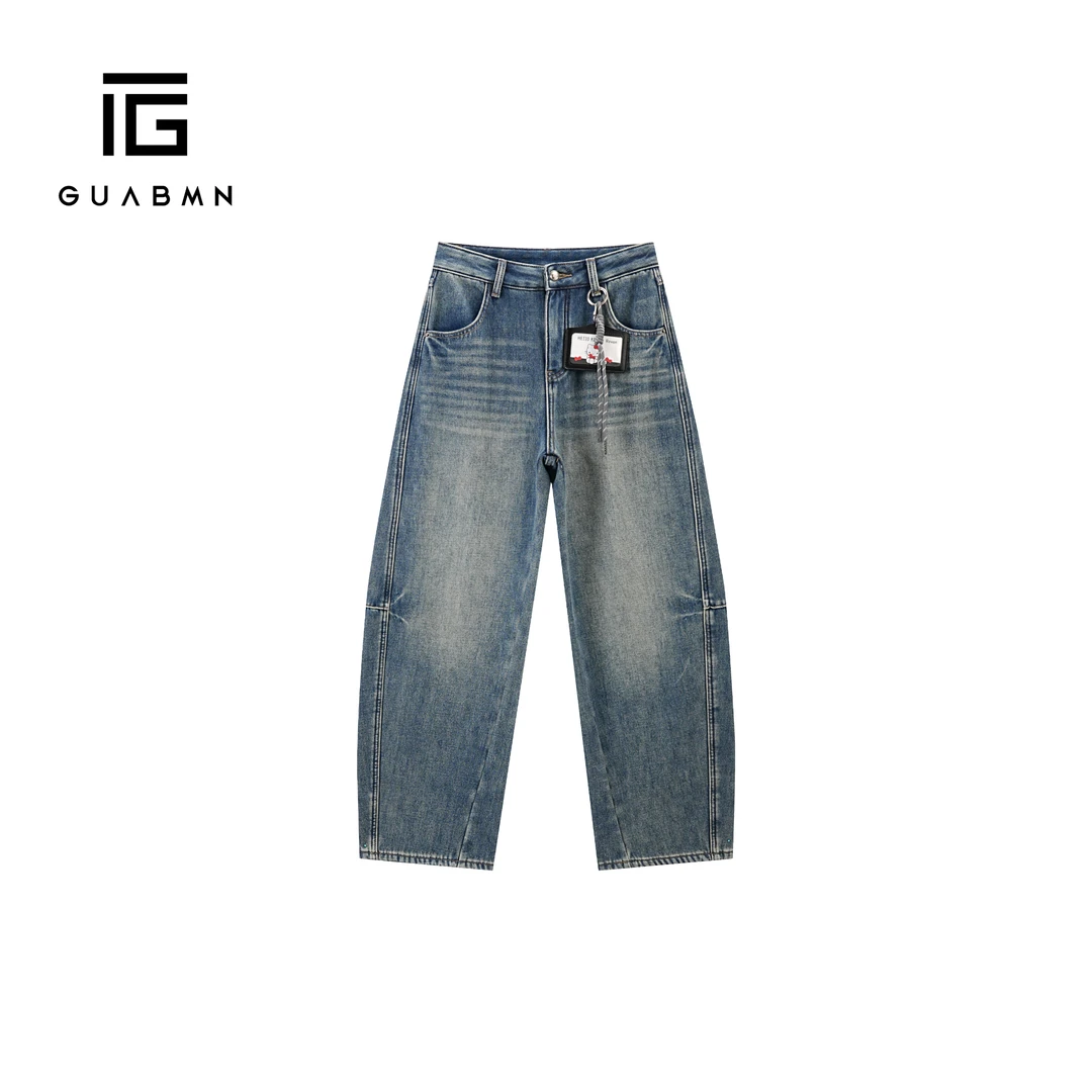 GUABMN2025冬季新款卡通猫咪加厚加绒长裤宽松直筒裤牛仔裤5926