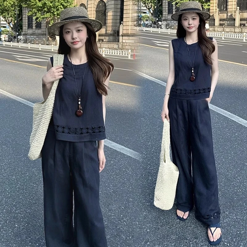 时尚套装女2025夏季新款洋气显瘦减龄无袖背心上衣阔腿裤两件套潮
