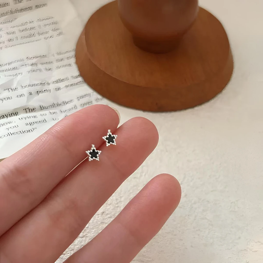925银耳饰 韩版爆款五角星黑色滴胶耳钉可爱清新ins风3074