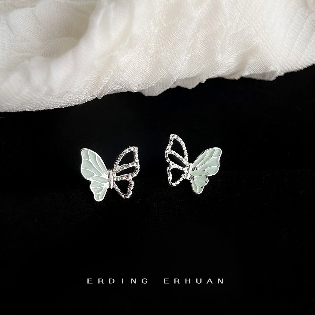 纯铜大理石耳饰 清新甜美滴油蝴蝶耳钉女简约百搭镂空不对称耳环