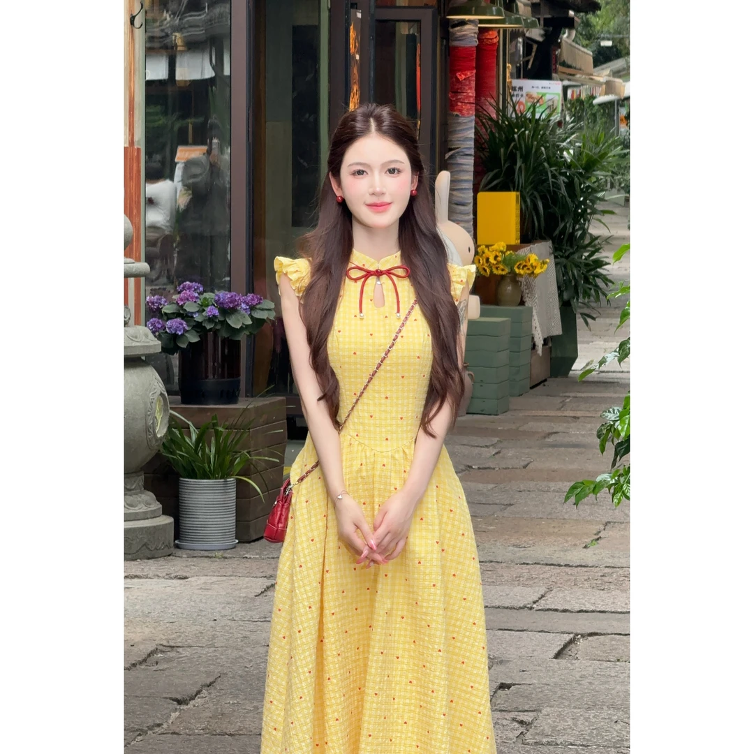 【柠檬气泡】LiLi新中式改良少女风飞飞袖撞色气质连衣裙XMZH8052