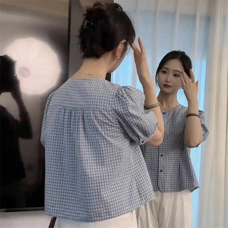 设计感小众格纹短袖圆领衬衫女2025夏季新款宽松洋气显瘦百搭上衣