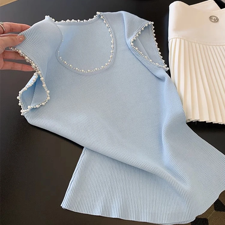 蓝色针织短袖t恤女夏季小个子圆领短款修身小飞袖设计感冰丝上衣