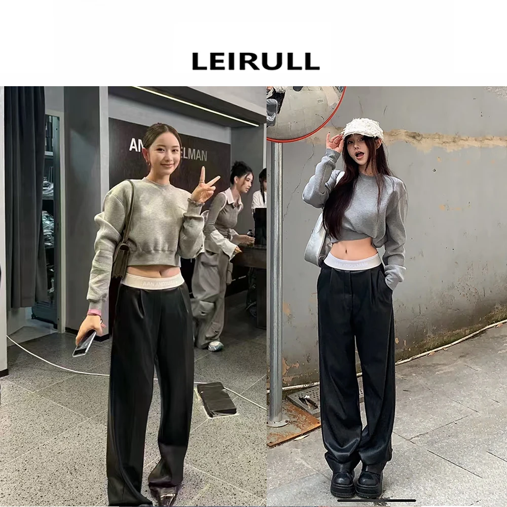 ANN 24秋冬新款皮裤女高腰织带哑光黑色阔腿裤