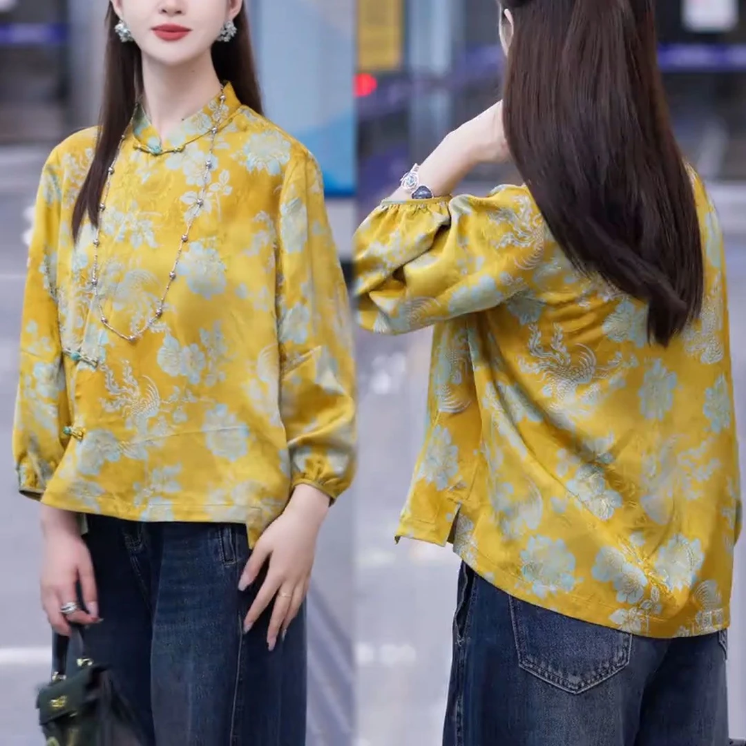 斜襟国风秋季新款时尚洋气遮肉小衫通勤风新中式立领显瘦长袖上衣