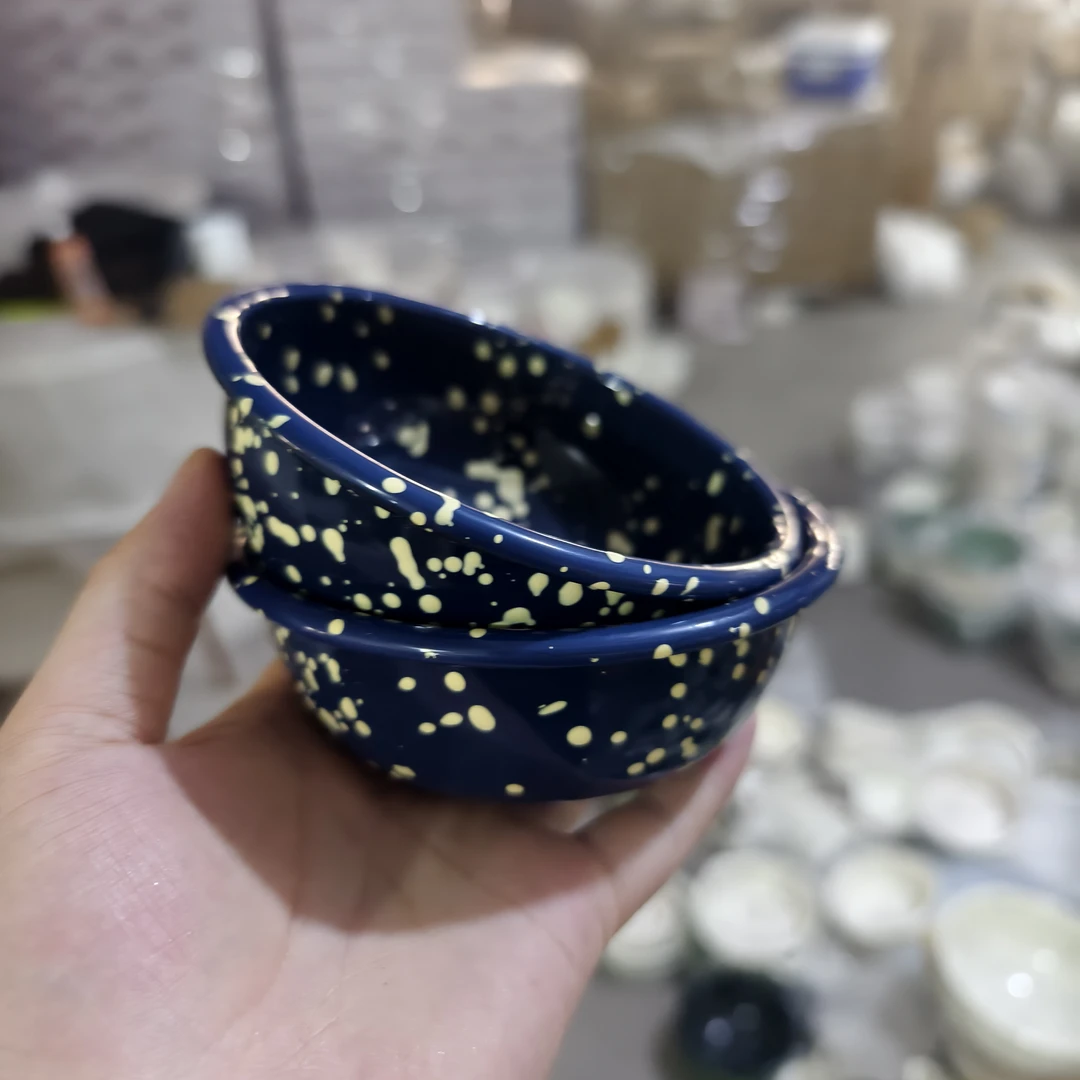 【黄撒点】小号13cm 蓝色 内外泼墨 搪瓷 酸奶碗 甜品碗 燕麦碗带盖