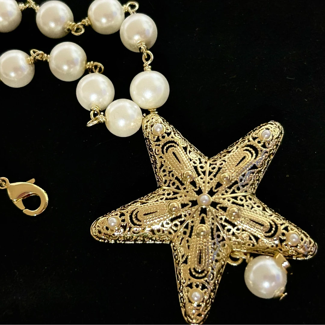 铜合金仿珍珠项链  5074西洋中古风 vintage珠珠镂空星星项链