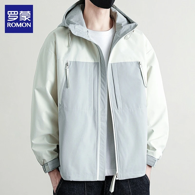 罗蒙男士工装夹克2025年春秋新款宽松连帽休闲痞帅冲锋衣外套男
