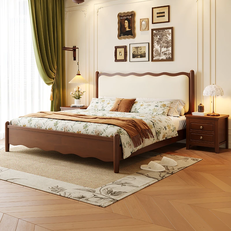 美式复古风波浪造型实木床家用主卧室简约双人床中古风大床