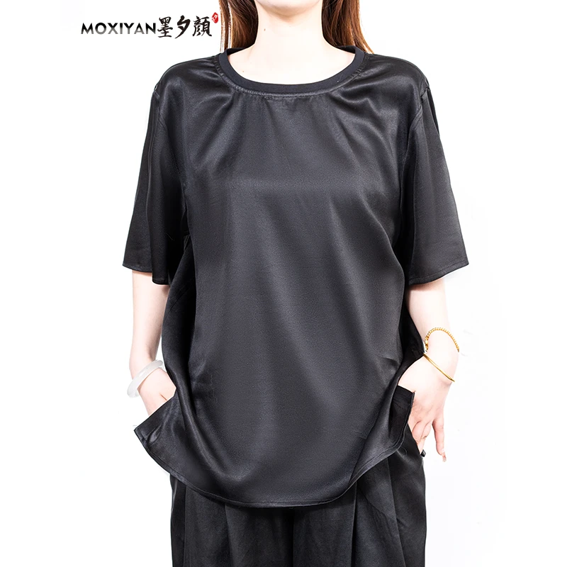 【墨夕颜】2025新款桑蚕丝男装  弹力缎圆领短袖-MH-768