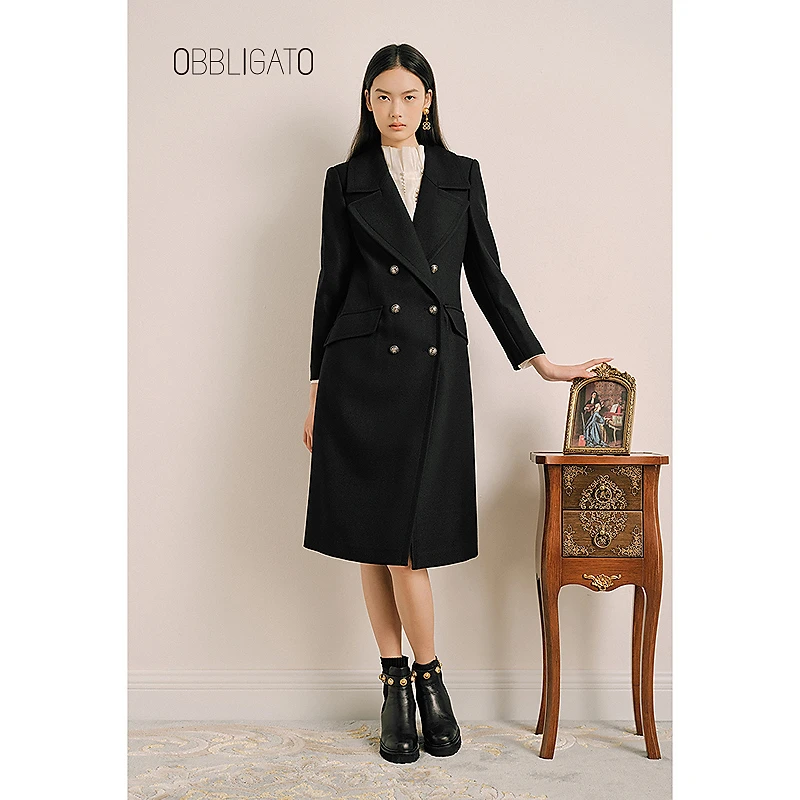 OBBLIGATO奥丽嘉朵1C63380020秋季大翻领人字纹肌理感大衣