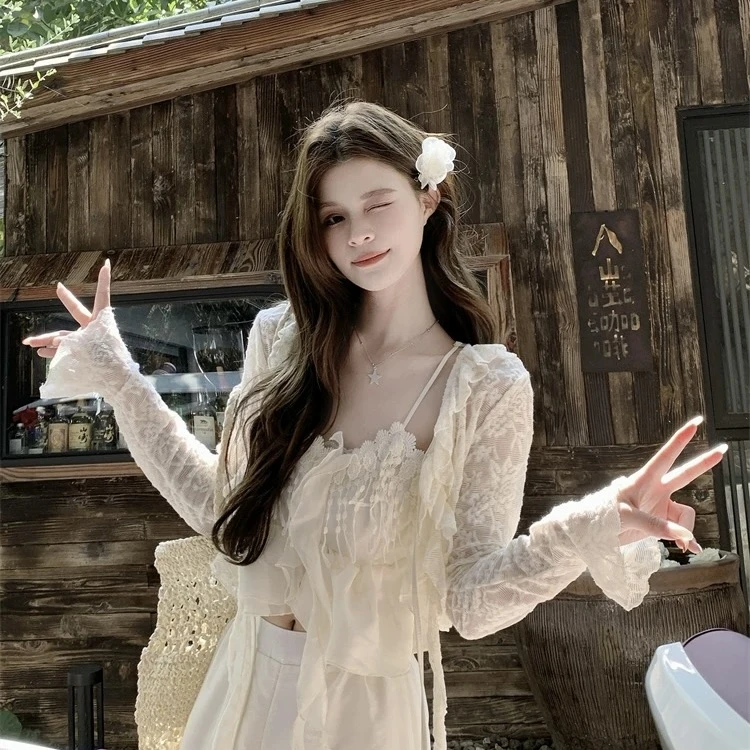 现货秒发-----显瘦套装蕾丝开衫吊带裙外搭显瘦套装上衣蕾丝开衫