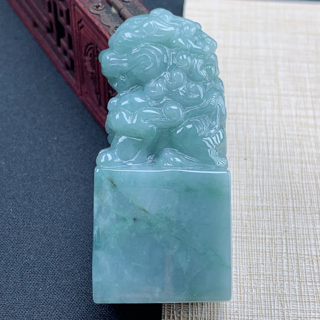 优惠纯天然翡翠A货深色前程似锦狮子印章可定制刻字私章