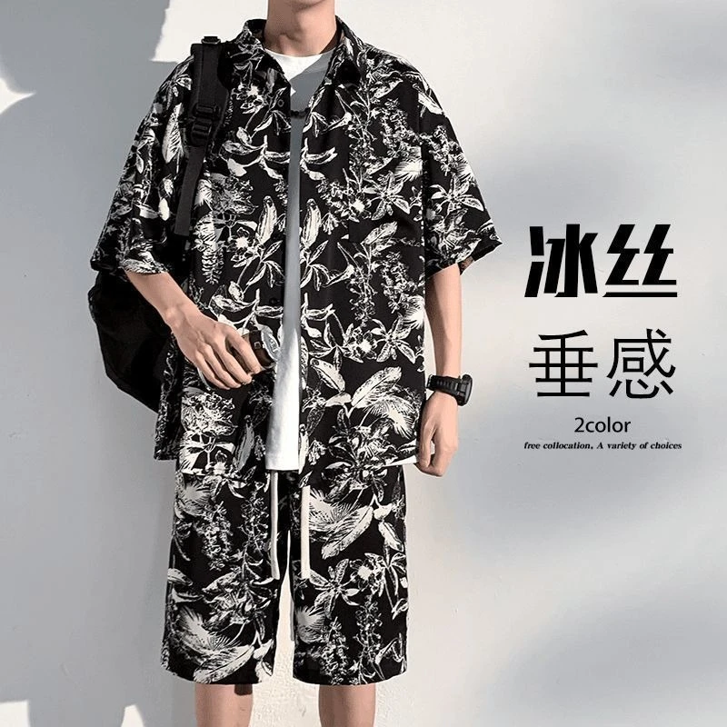 冰丝短袖衬衫套装男夏季新款休闲宽松大码薄款衬衣短袖搭配一整套
