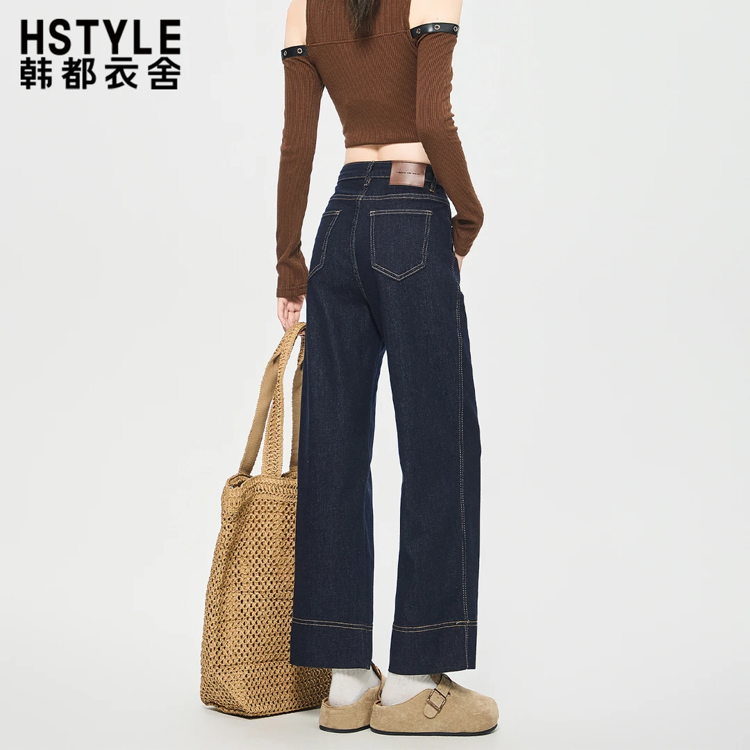 韩都衣舍深蓝色小个子牛仔裤女秋季新款宽松显瘦高腰九分直筒裤子