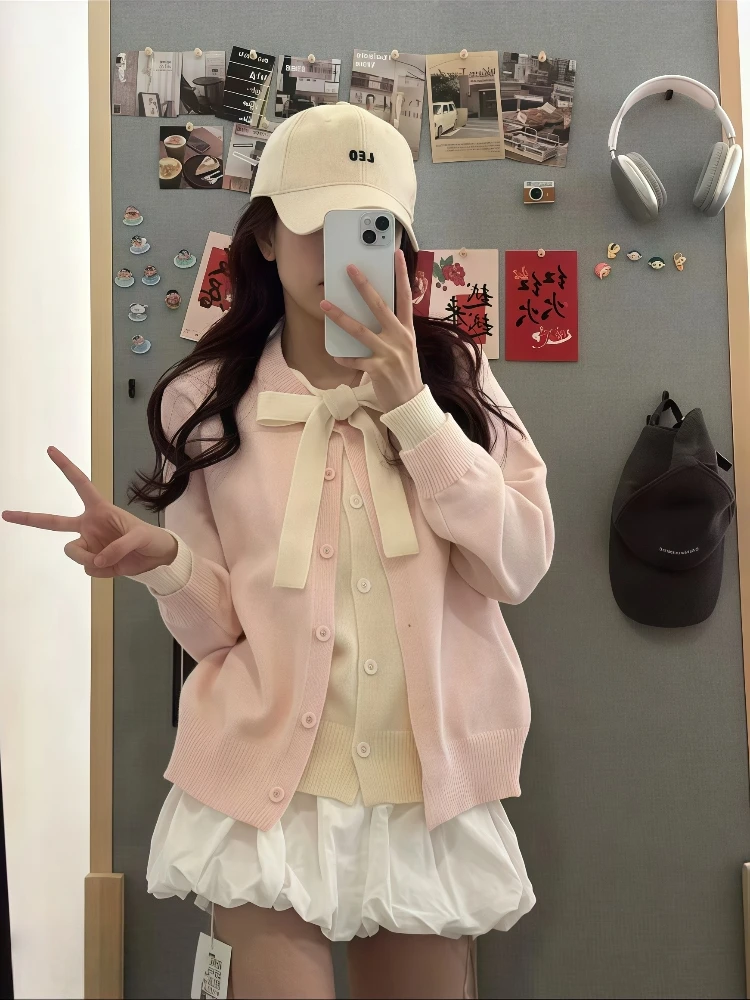 韩系甜美减龄长袖针织开衫设计感假两件秋季温柔风蝴蝶结外套女