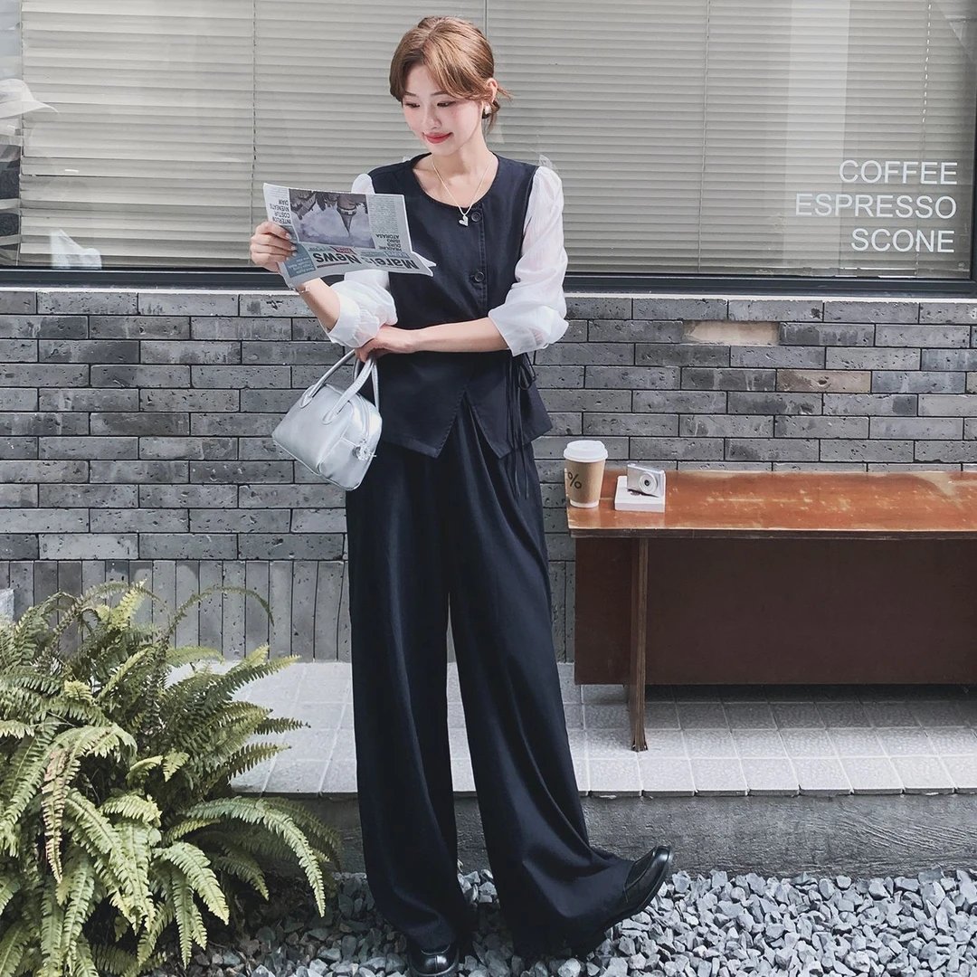 深蓝色撞色假两件阔腿裤套装女2025秋季新款氛围感气质休闲两件套