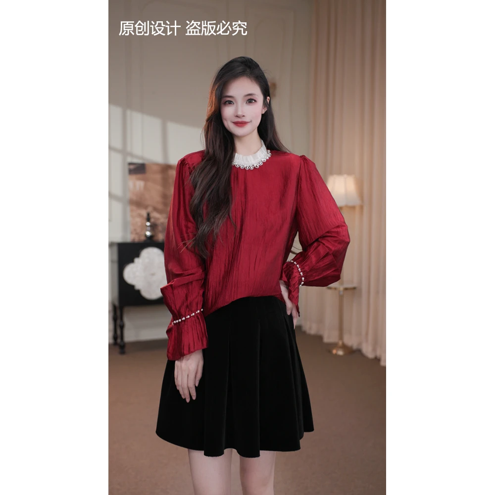 旷宁宁·富家女·秋冬装红色气质设计感纯色小衫上衣女装-