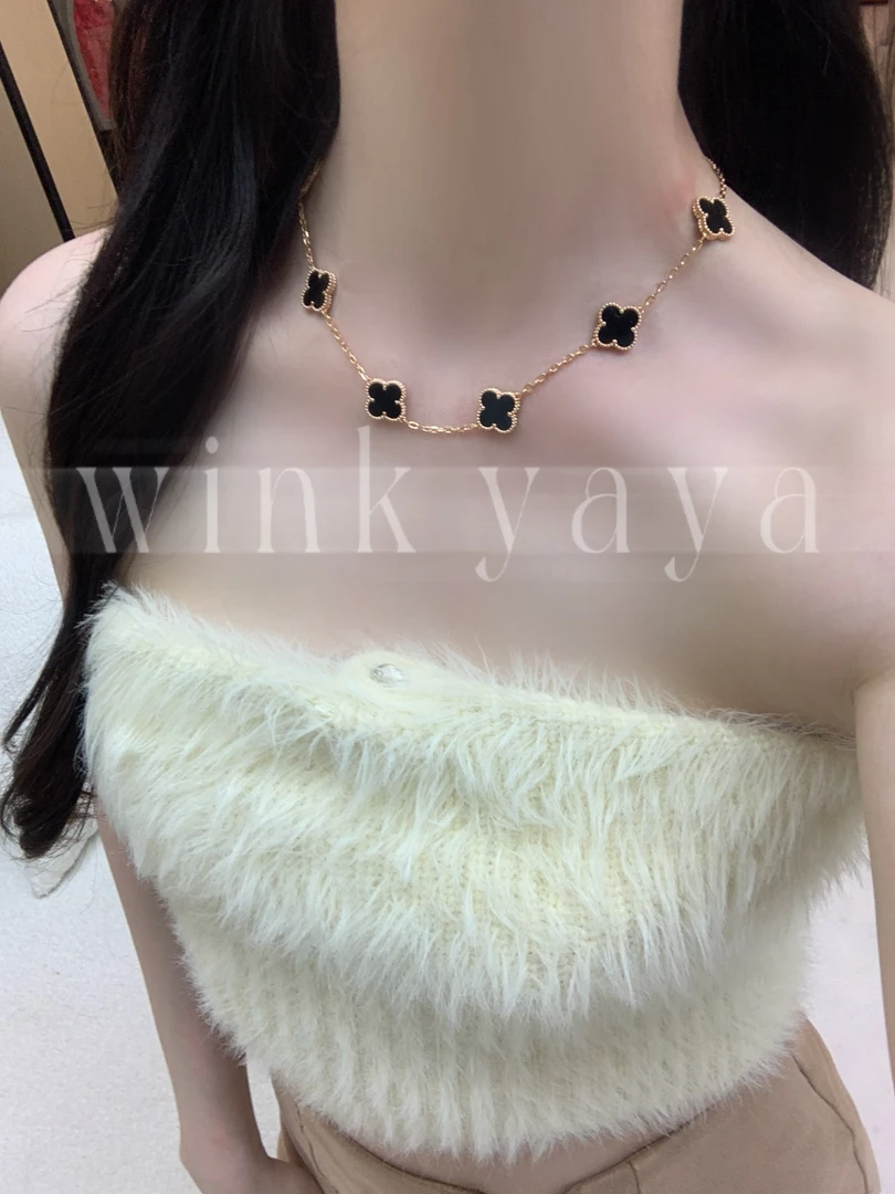 坠链均925银合成锆石 四叶花草黑十花轻奢时尚项链AL312