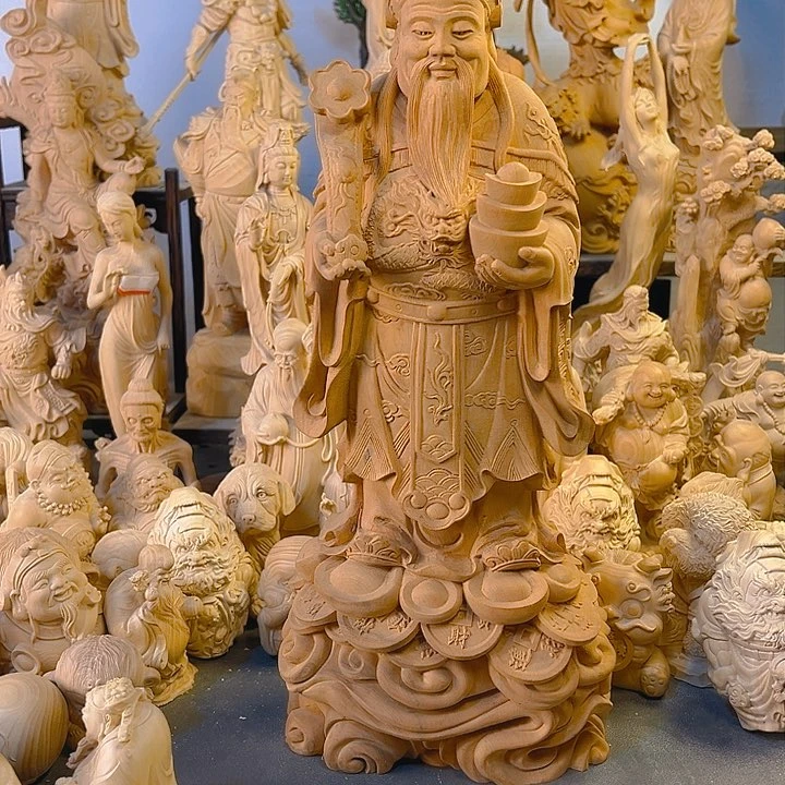 木高****行小叶黄杨木30高财神摆件