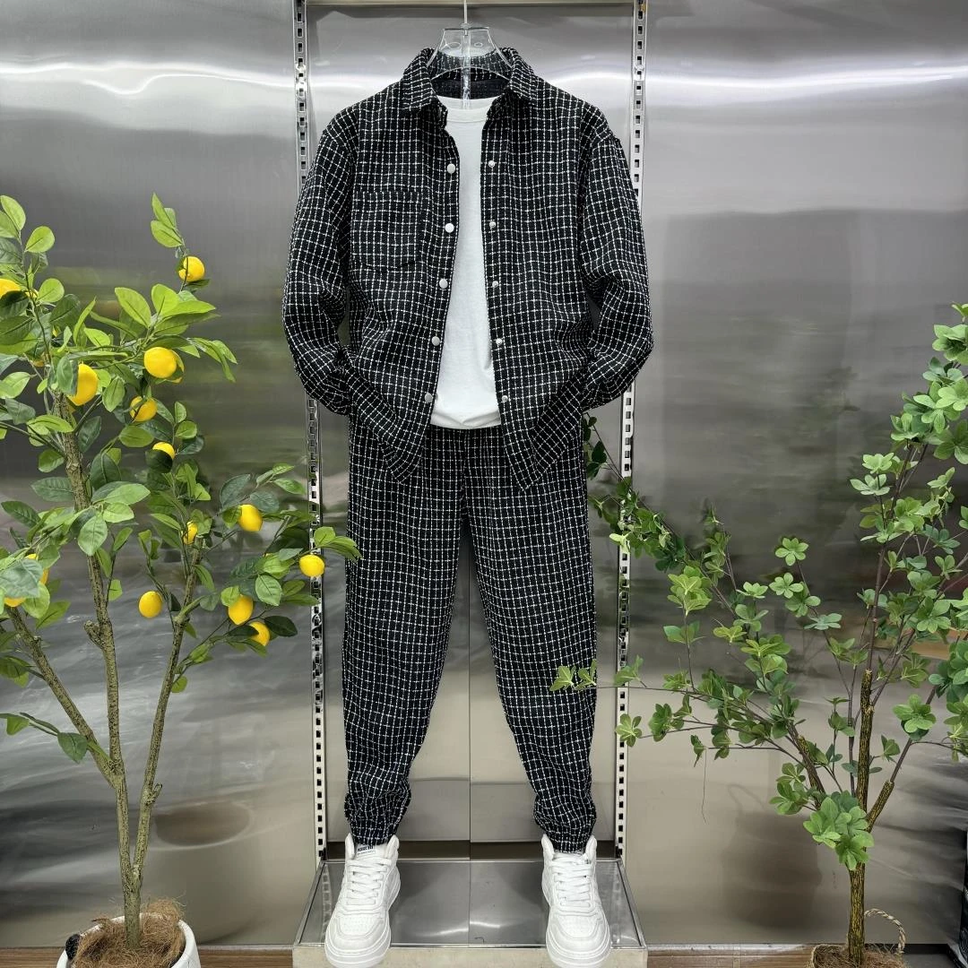 灏吉弧男士格子套装春秋衬衫外套长裤两件套小香风情侣韩版整套