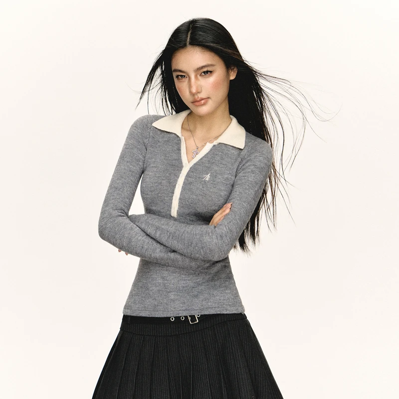 Ariseism 美式复古撞色翻领修身针织衫女秋冬