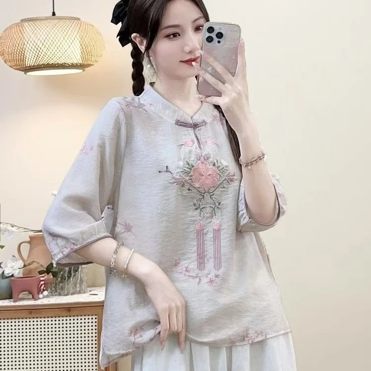 国风文艺复古重工刺绣立领五分袖T恤衬衫2025薄款女上衣小衫百搭