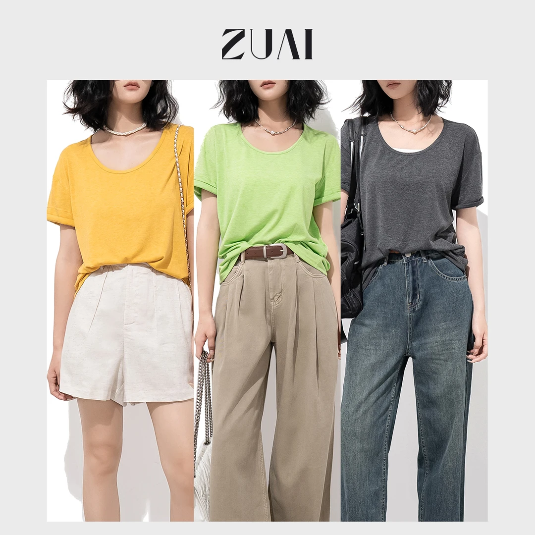 【柔软小竹节T】水洗竹节透气宽松简约卷边短袖T恤女夏W23BA272