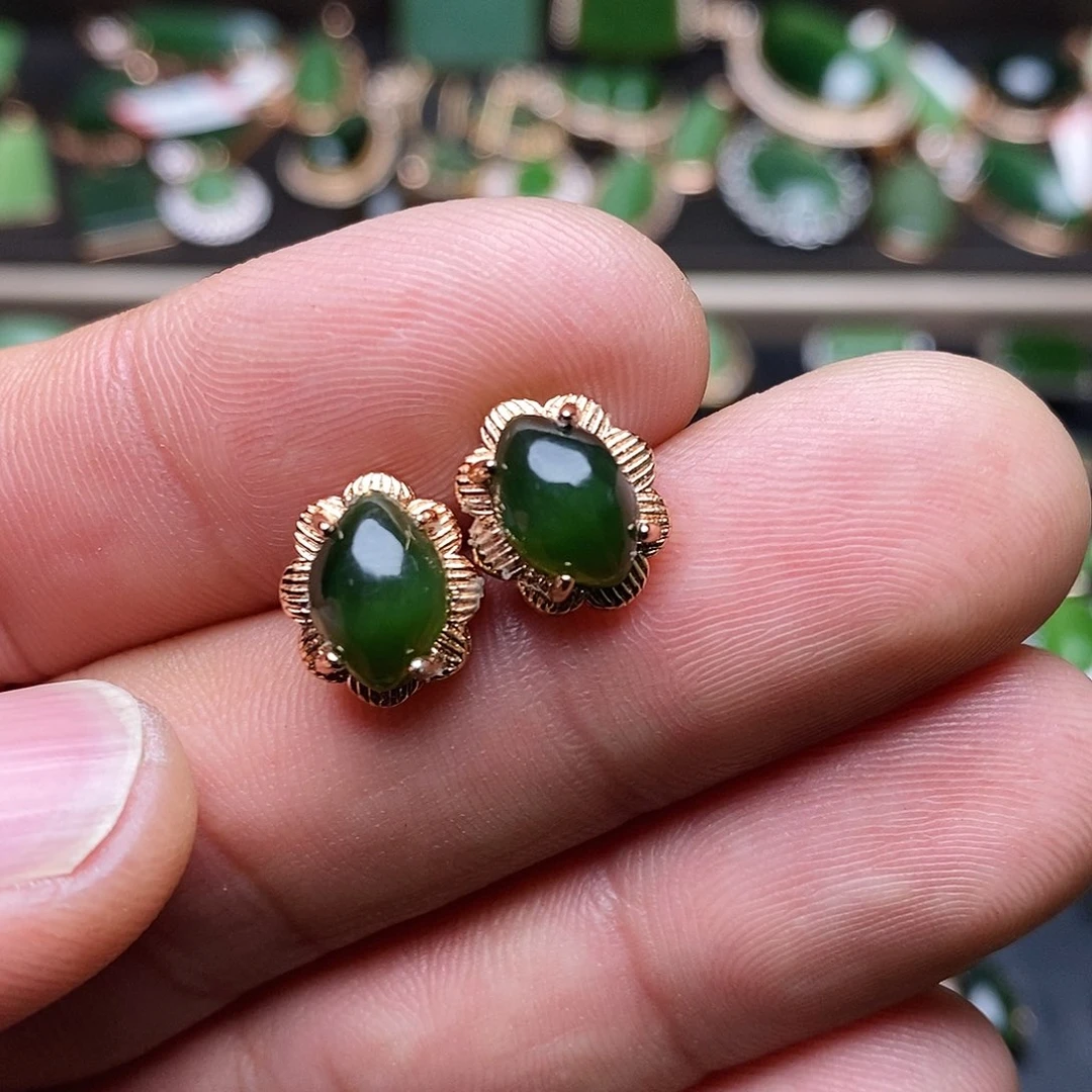 和田玉（碧玉）耳饰银S925镶嵌