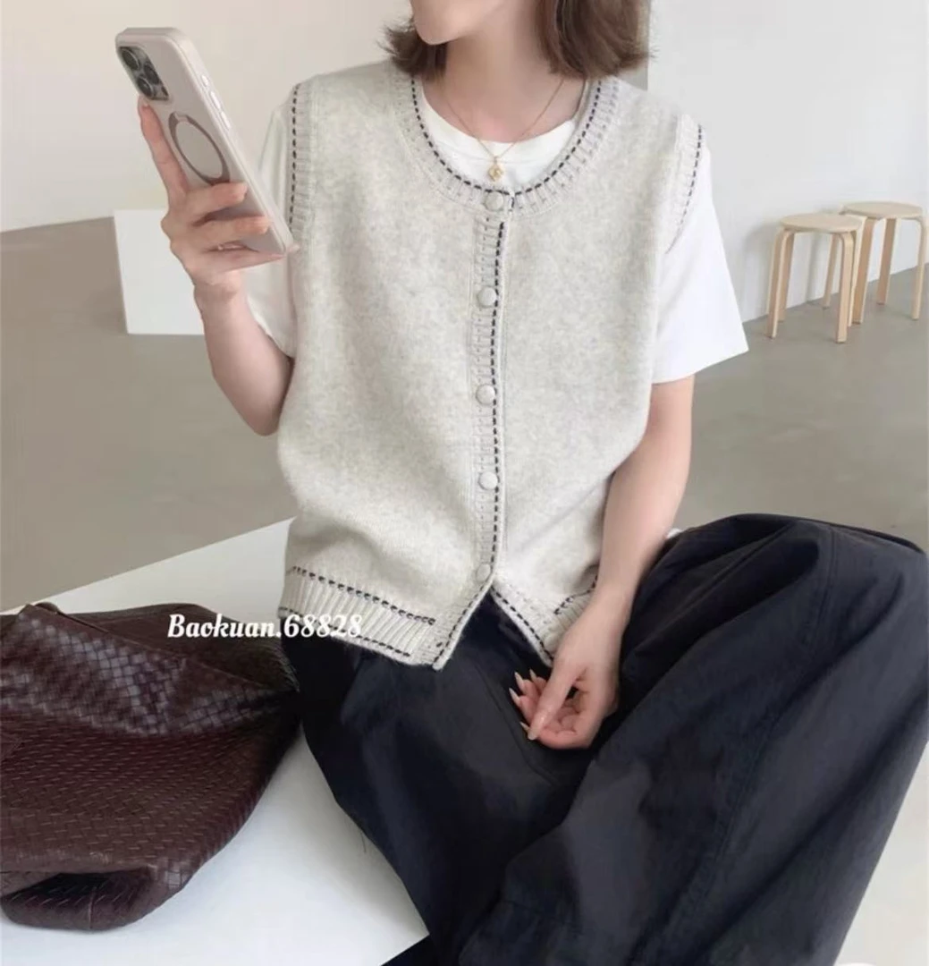 【MY SHAN】韩版复古明线冬新款宽松显瘦百搭圆领坎肩针织背心68828