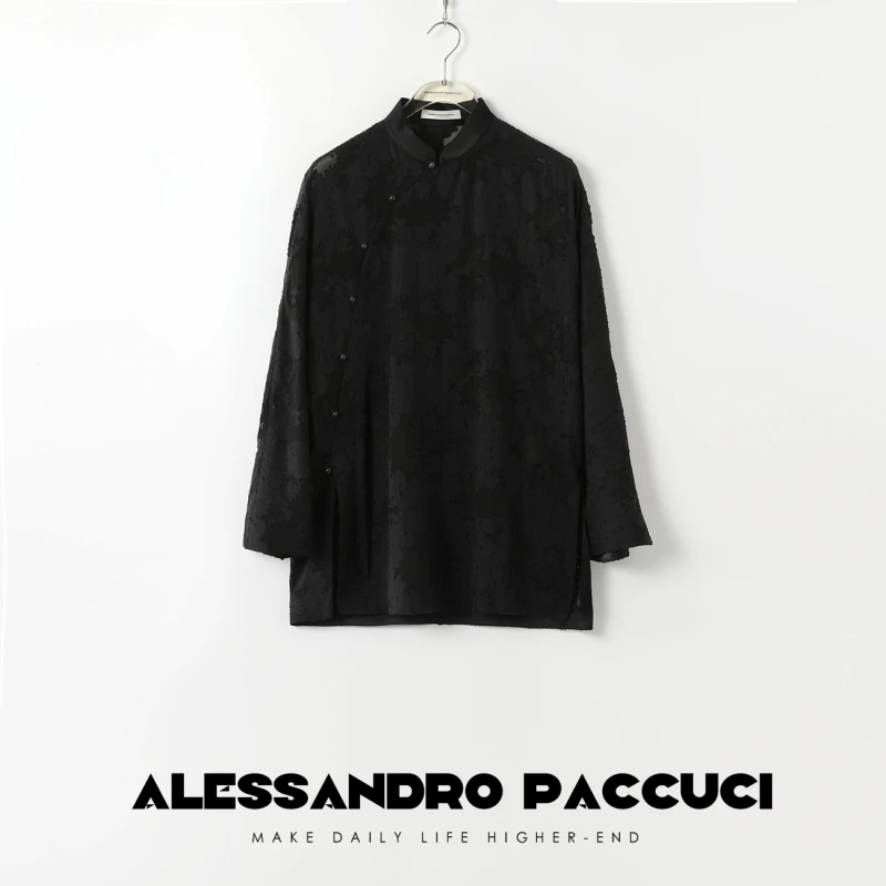 AP洛哥42011UG【浓影】桑蚕丝立领新中式剪花镂空黑色气质长袖小衫