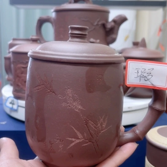 紫砂茶杯紫泥刻绘竹杯