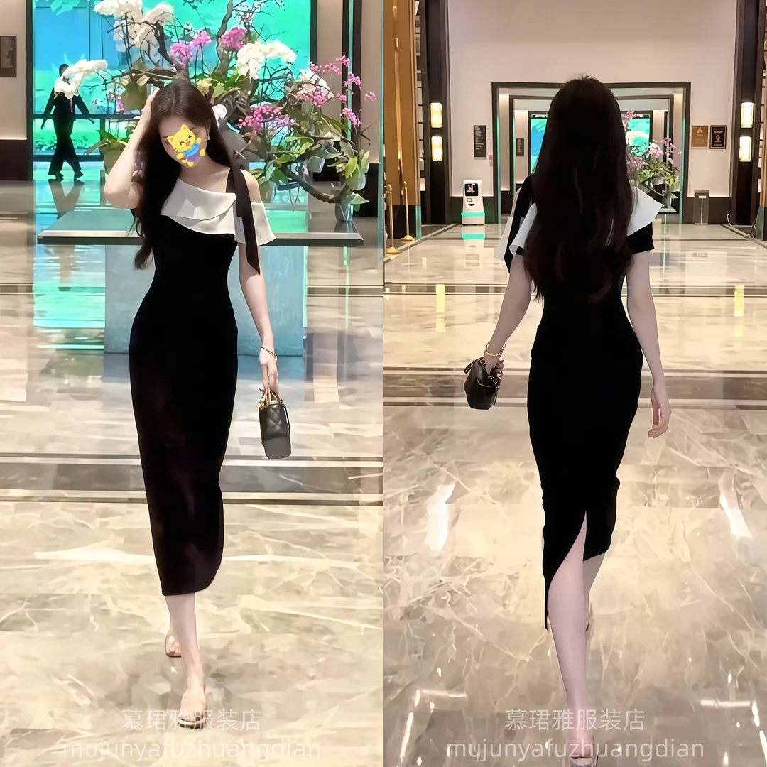 法式撞色拼接气质斜肩修身连衣裙2025夏季新款收腰显瘦包臀裙女