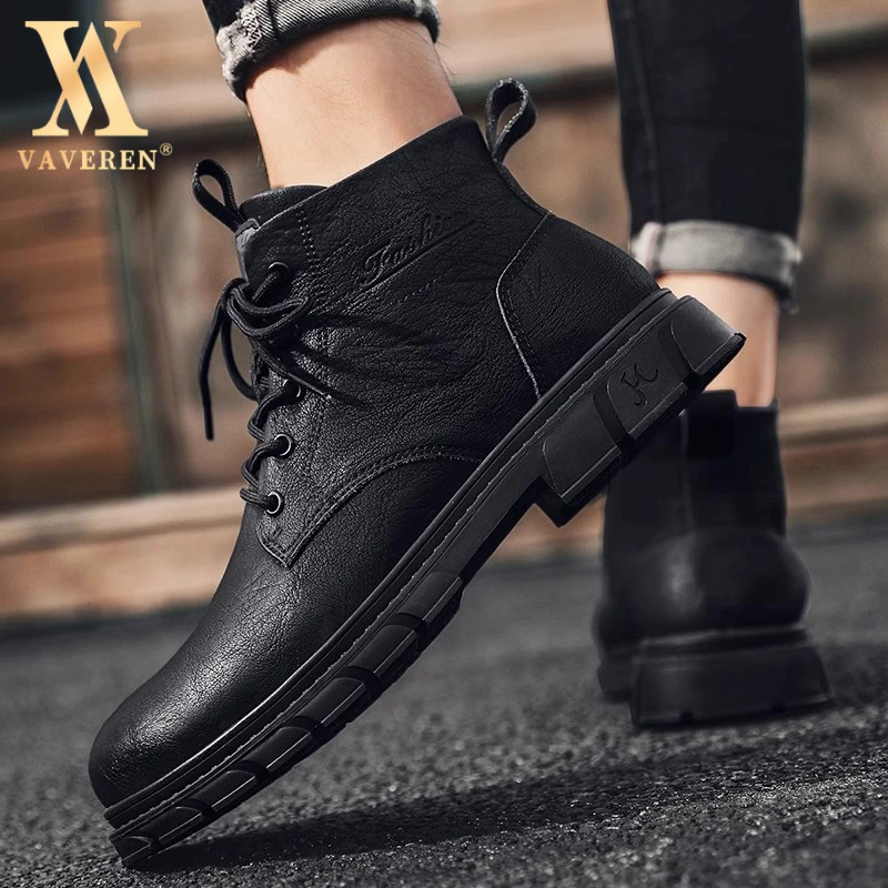 2025新款秋季高帮英伦风时尚中帮皮鞋男士厚底黑色男士加棉马丁靴