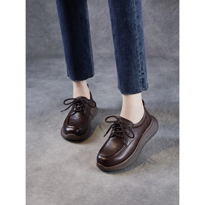 厚底真皮乐福鞋女2025年秋季新款系带复古防滑粗跟小皮鞋百搭单鞋