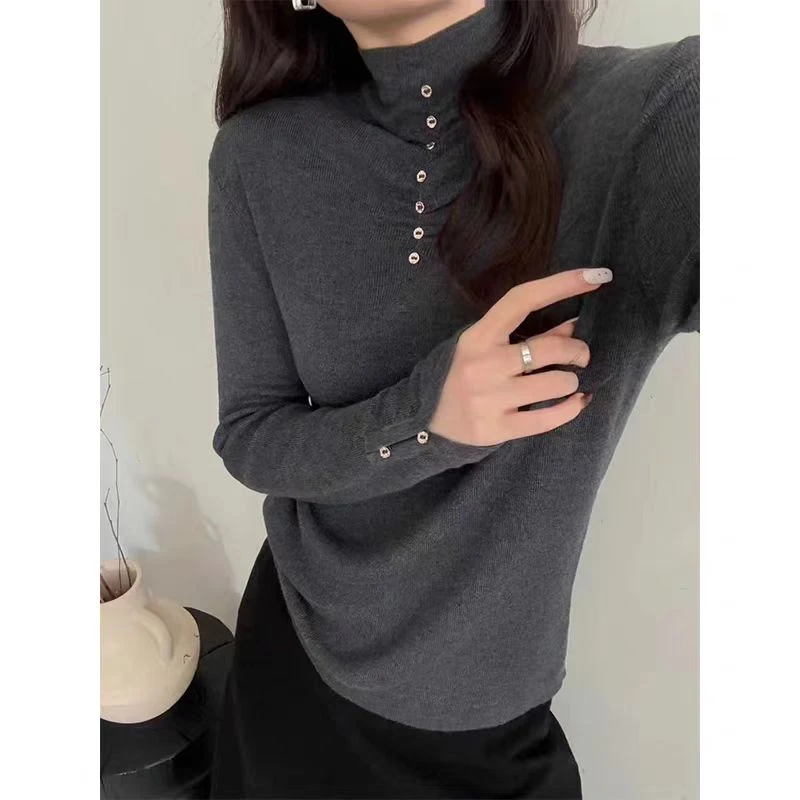 扣子大码半高领针织打底衫女秋冬百搭内搭