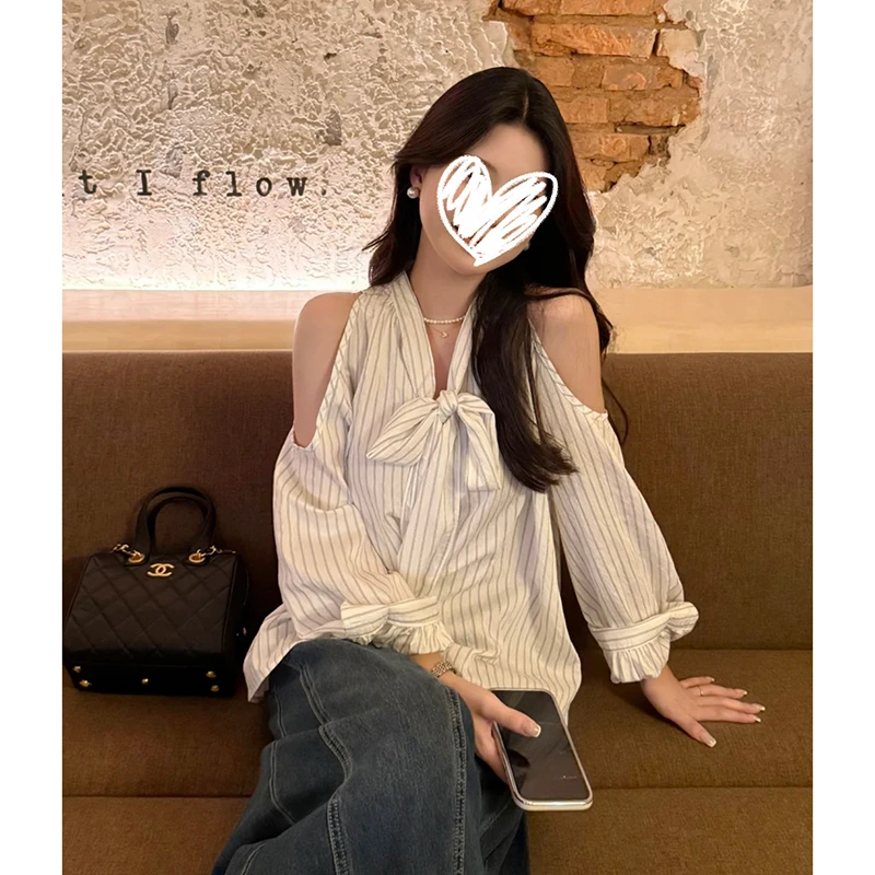 【柔情魅影】韩系条纹露肩衬衫女气质绑带长袖设计感休闲衬衣上衣