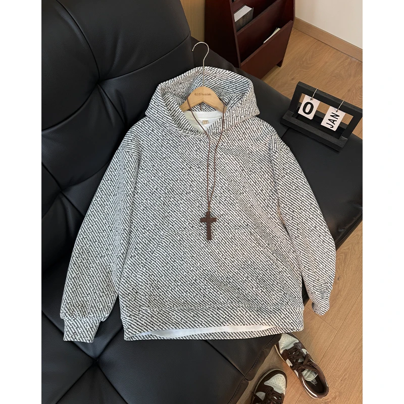 美式黑白小香风连帽卫衣男款秋冬季cleanfit外套宽松潮牌休闲上衣