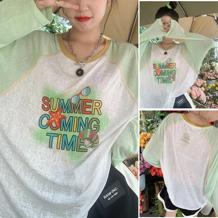 长袖防晒印花学院风包袖吸汗T恤半袖薄款夏季自发热