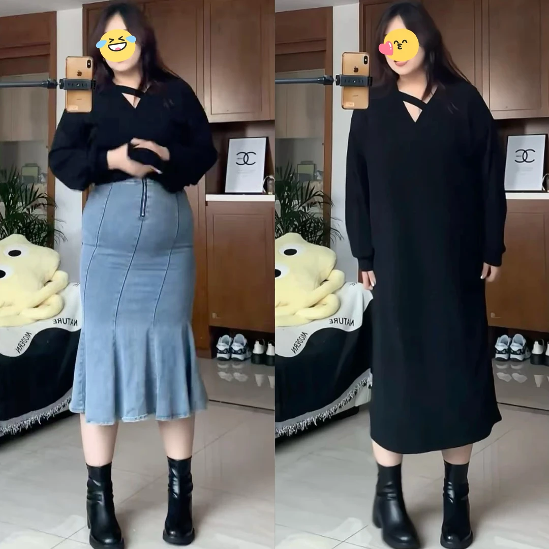 大码女装胖mm韩版V领长袖针织连衣裙2025秋季显瘦百搭打底长裙子