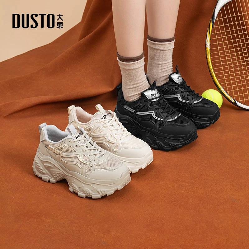 大东女鞋2025春季时尚百搭厚底增高轮胎底老爹鞋运动休闲鞋子0385