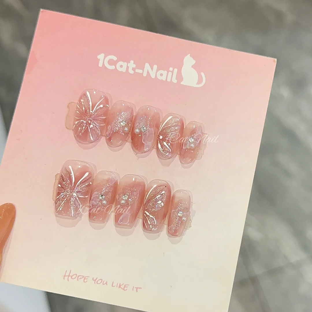 「春蝶」玫瑰浪漫显白个性粉色纯手工粉色穿戴甲中长款学生美甲