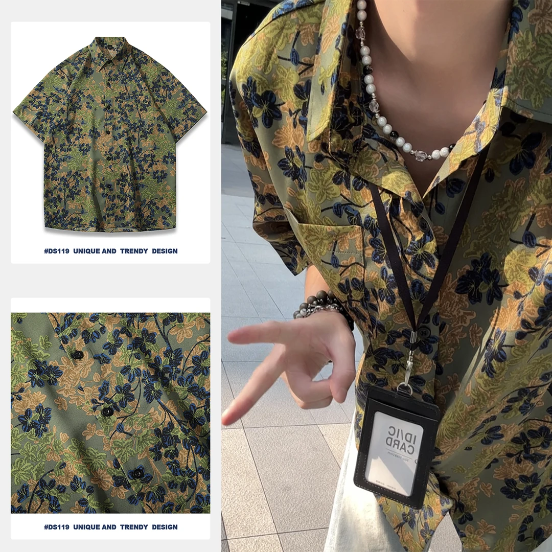 冰丝痞帅凉感男士短袖衬衣港风度假花卉衬衫夏季情侣ins宽松上衣