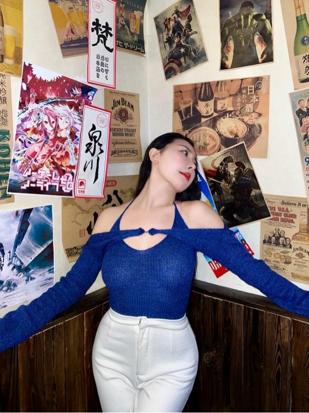 燃燃家蓝色长袖针织毛衣两件套秋冬一字肩性感纯欲内搭打底上衣