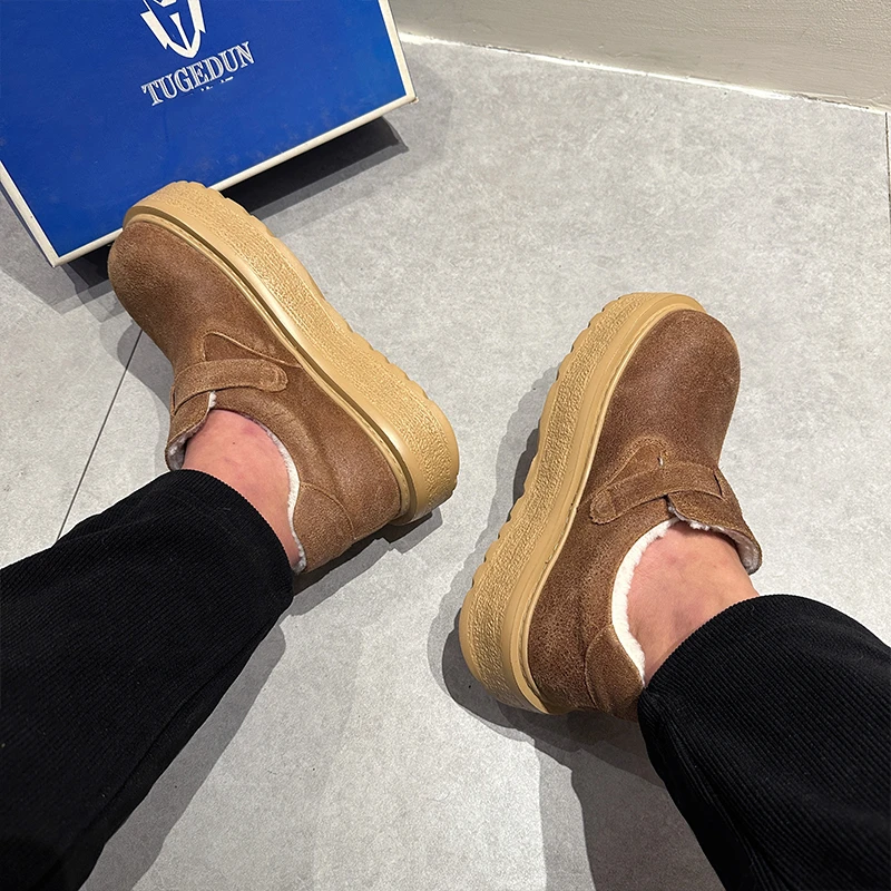 雪地靴冬季加绒保暖羊毛内里东北大棉鞋反绒皮一脚蹬男士真皮短靴