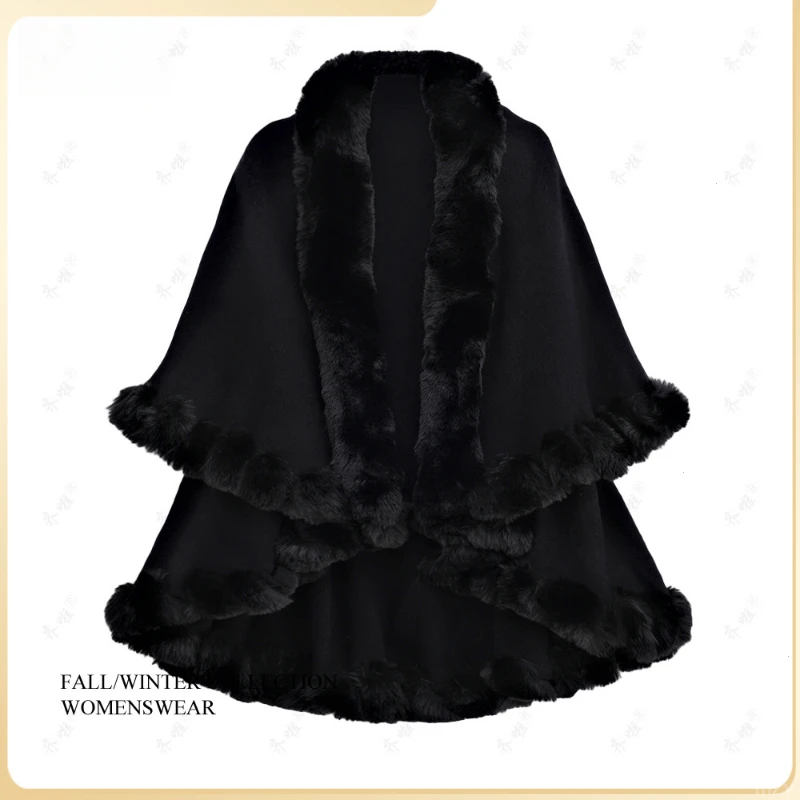 仿羊绒现货双层外套女仿秋冬毛领针织开衫斗篷披肩大码旗袍外套