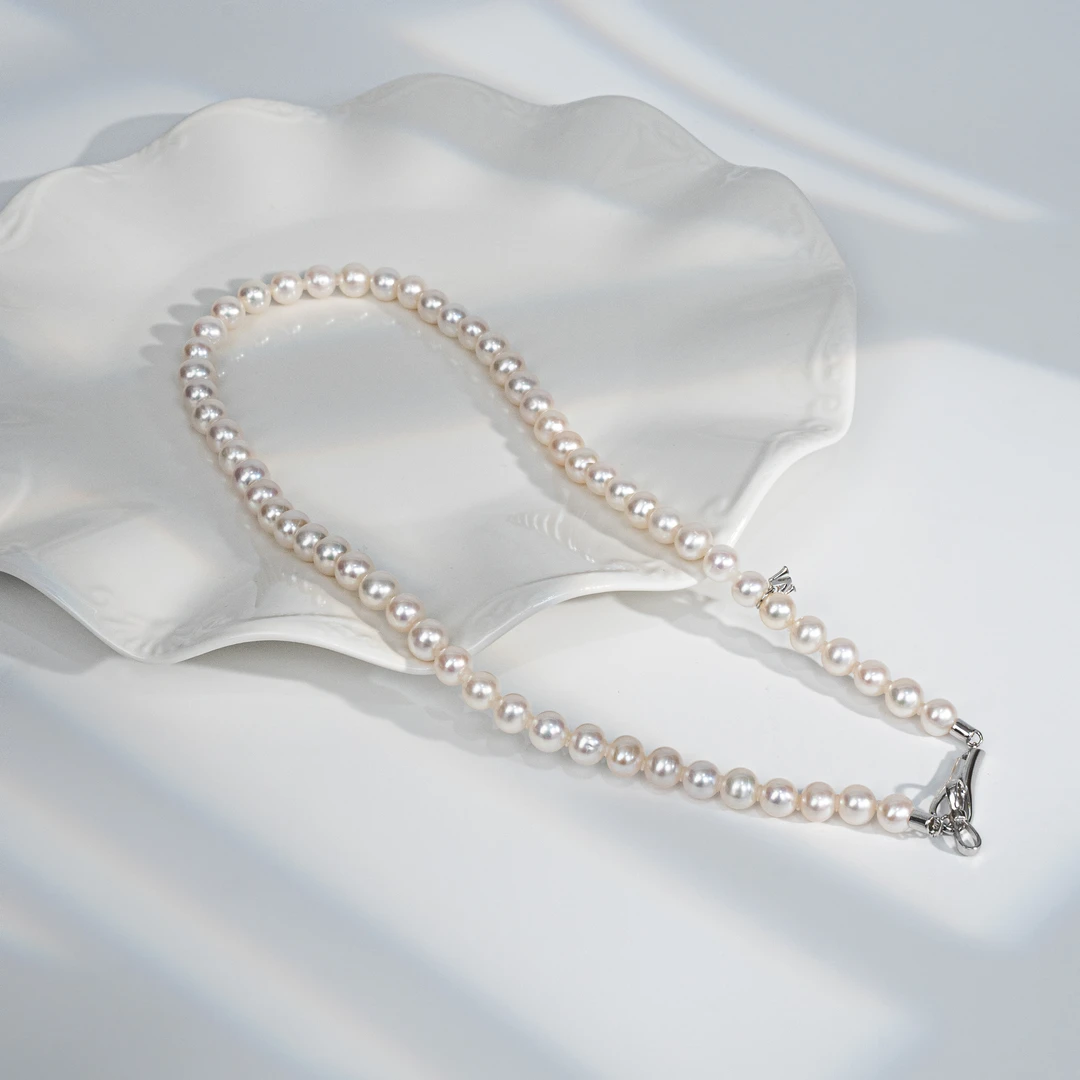 天女系列【梦幻三文鱼】S925银淡水珍珠白珠全珠链M扣7-8mm