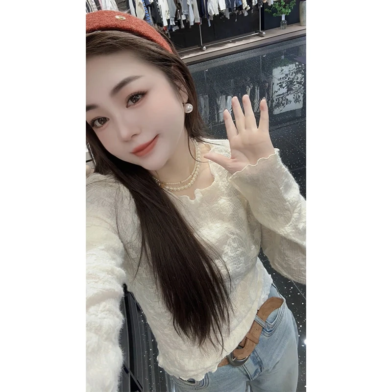 网红设计感轻奢高弹修身百搭圆领长袖T恤秋冬新款时尚洋气打底衫