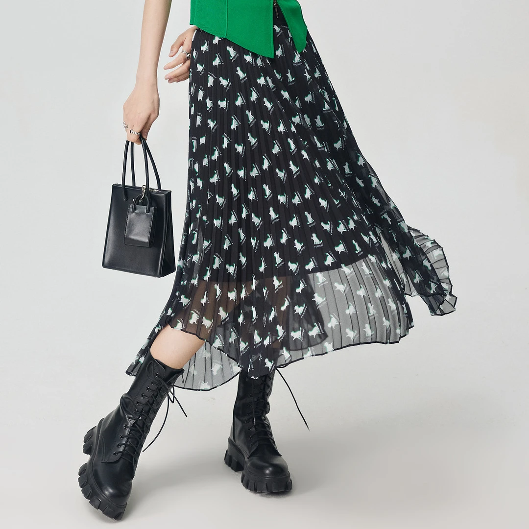 仿佛碎花森系大摆拉链半身裙蝴蝶结拼接FW00810显瘦印裙子半裙
